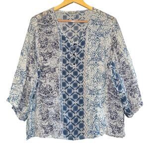 Boho Peasant Top Dressbarn Women's 1X Hippie Mixed Pattern 3/4 Sleeve Festival